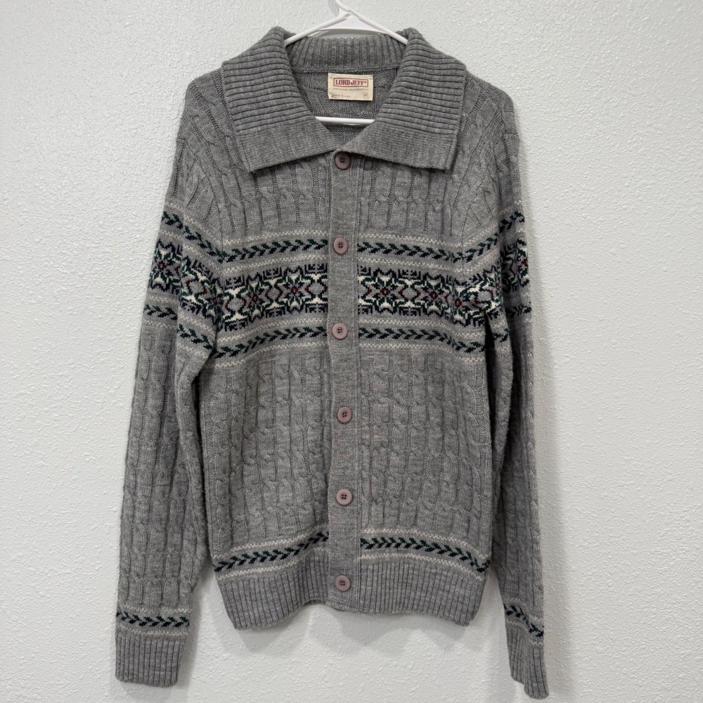 Lord Jeff Vintage Grey‎ Fair Isle Cable Knit Cardigan Sweater Mens Medium USA